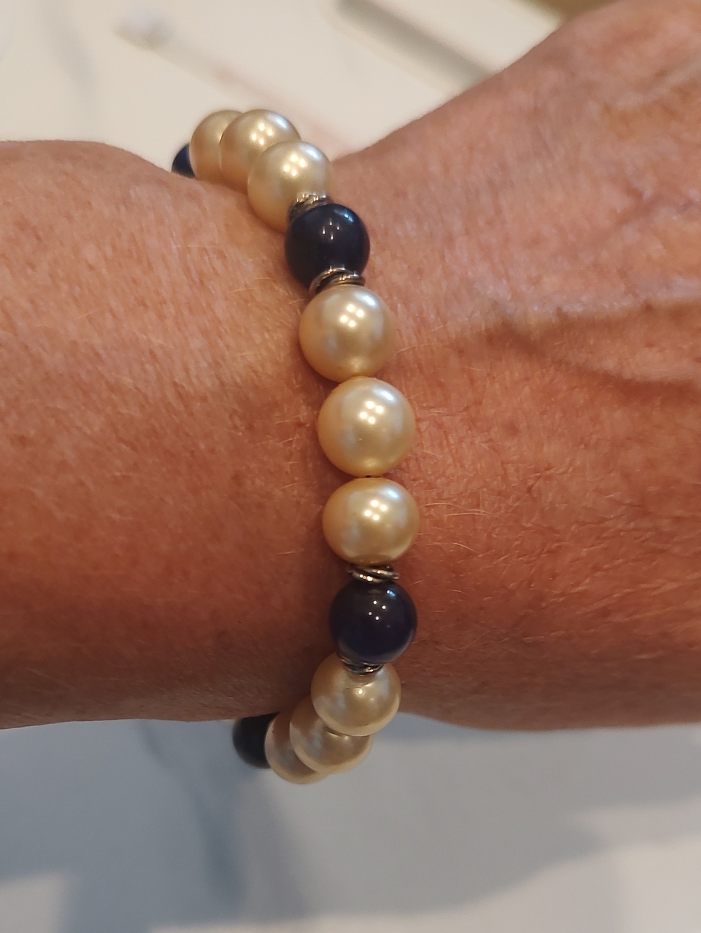 Pearl, Blue Stone, Silver Bracelet